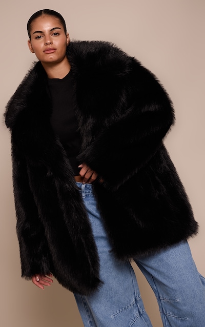 Plus Black Oversized Midi Faux Fur Coat