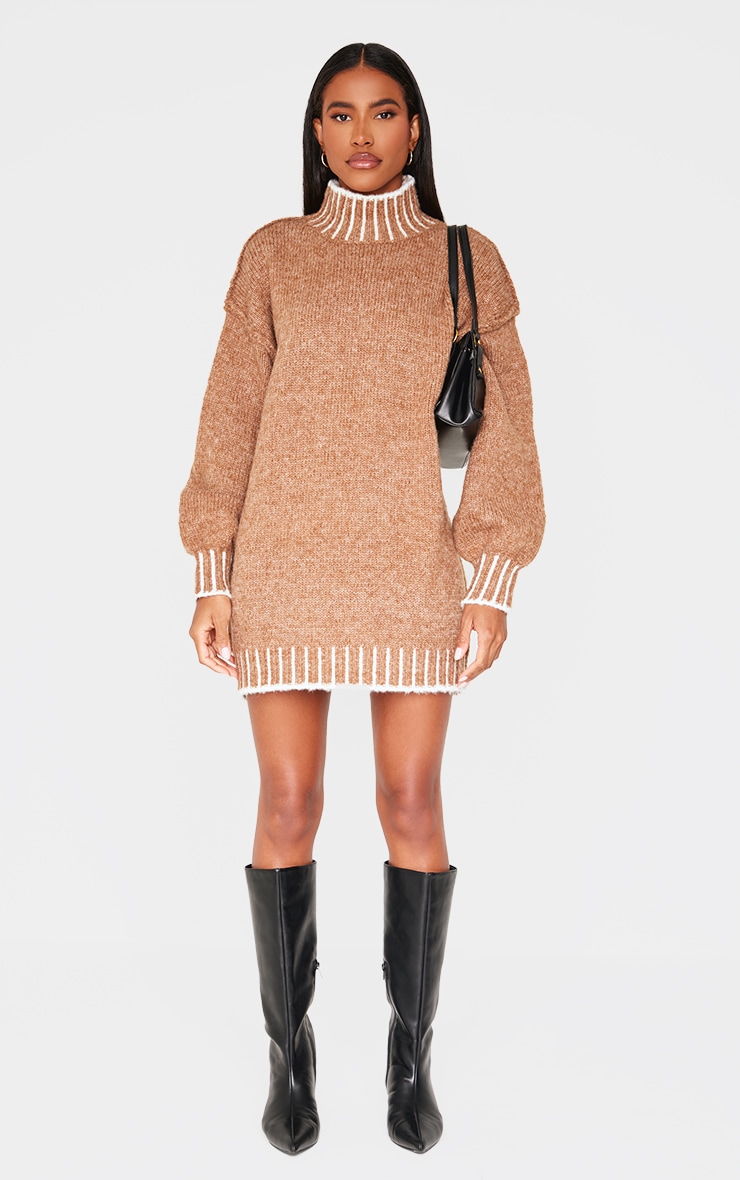 Mocha Contrast Stitch Knitted High Neck Oversized Jumper Dress image 3