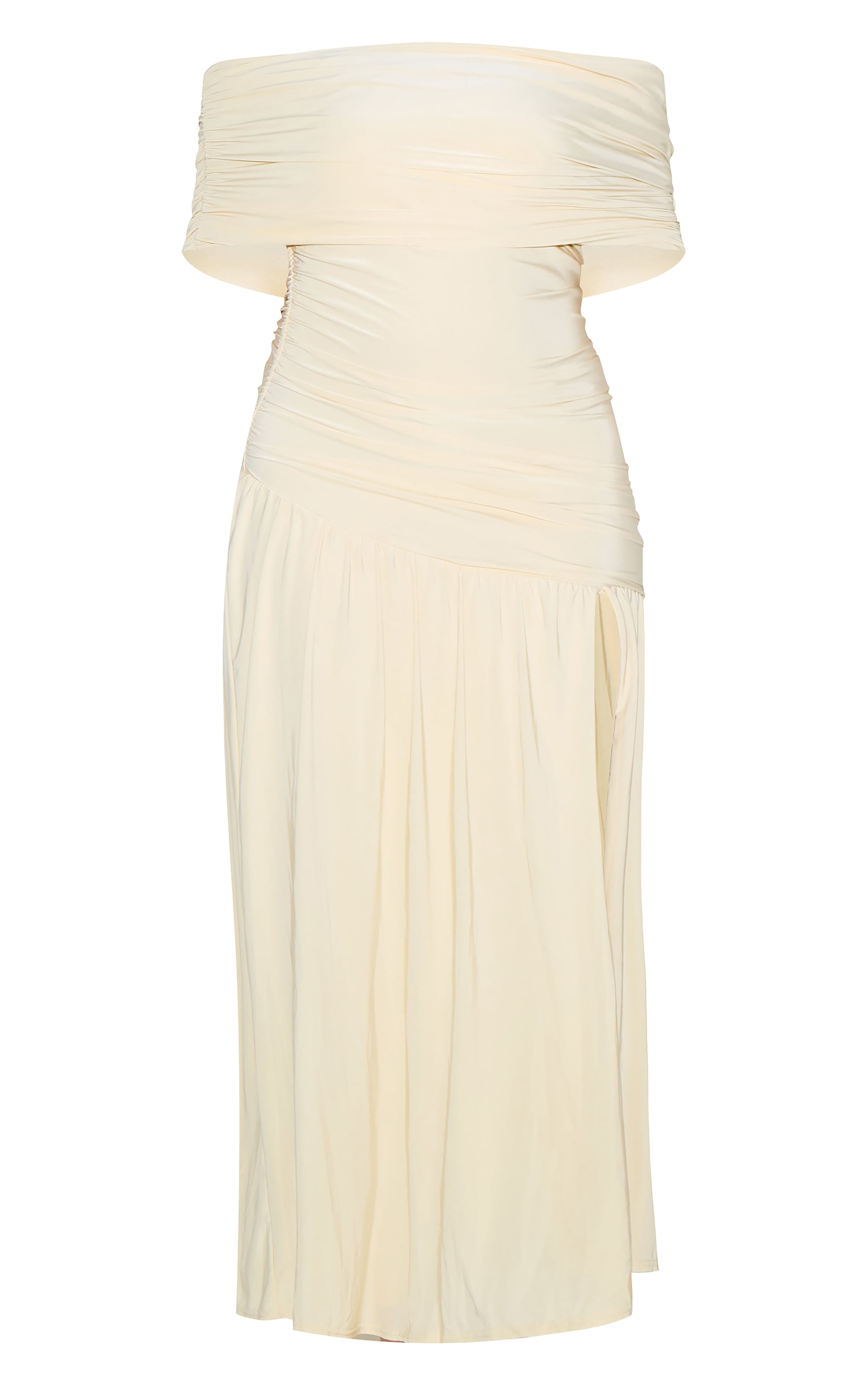 Plus Robe longue moulante crème froncée à col bardot et partie superposée image 5