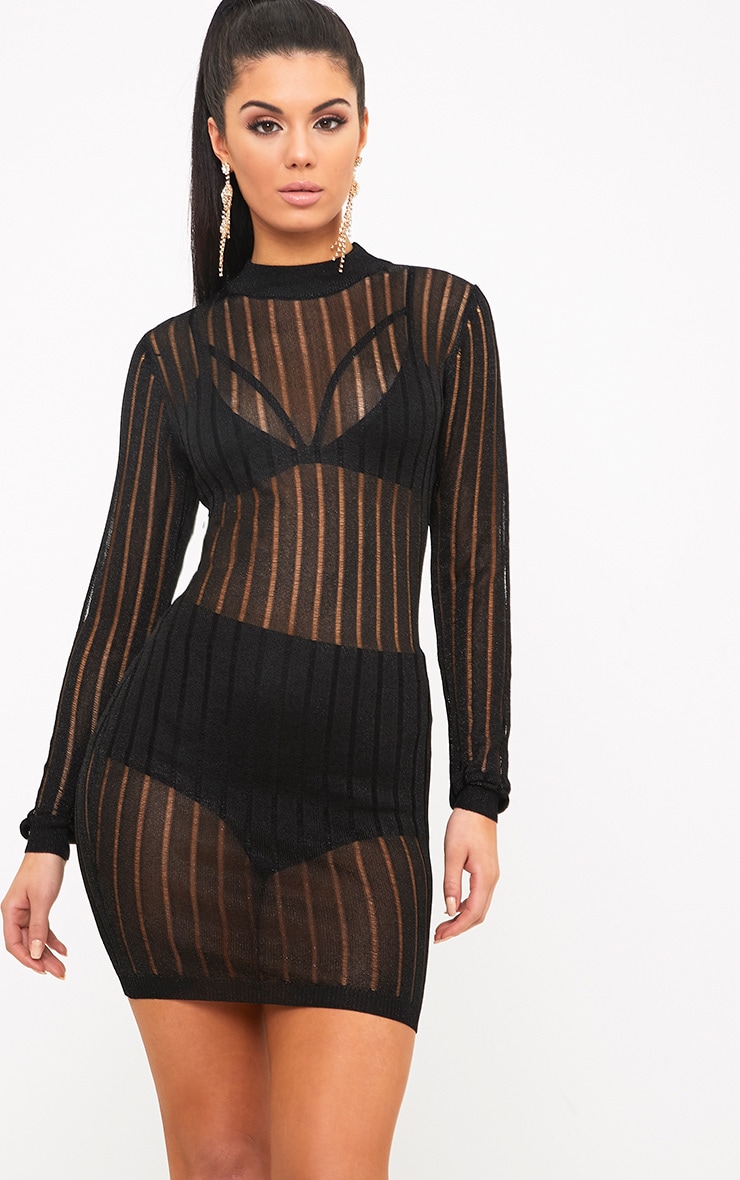 Indigo Black Mesh Knit Bodycon Mini Dress | PrettyLittleThing