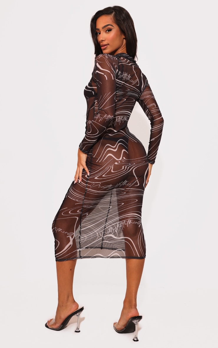 Petite Black Swirl Print Seam Detail Mesh Midaxi Dress image 2
