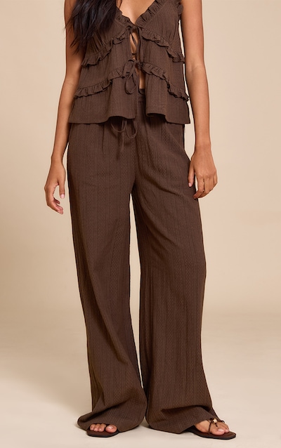 Brown Textured Mid Rise Wide Leg Pants