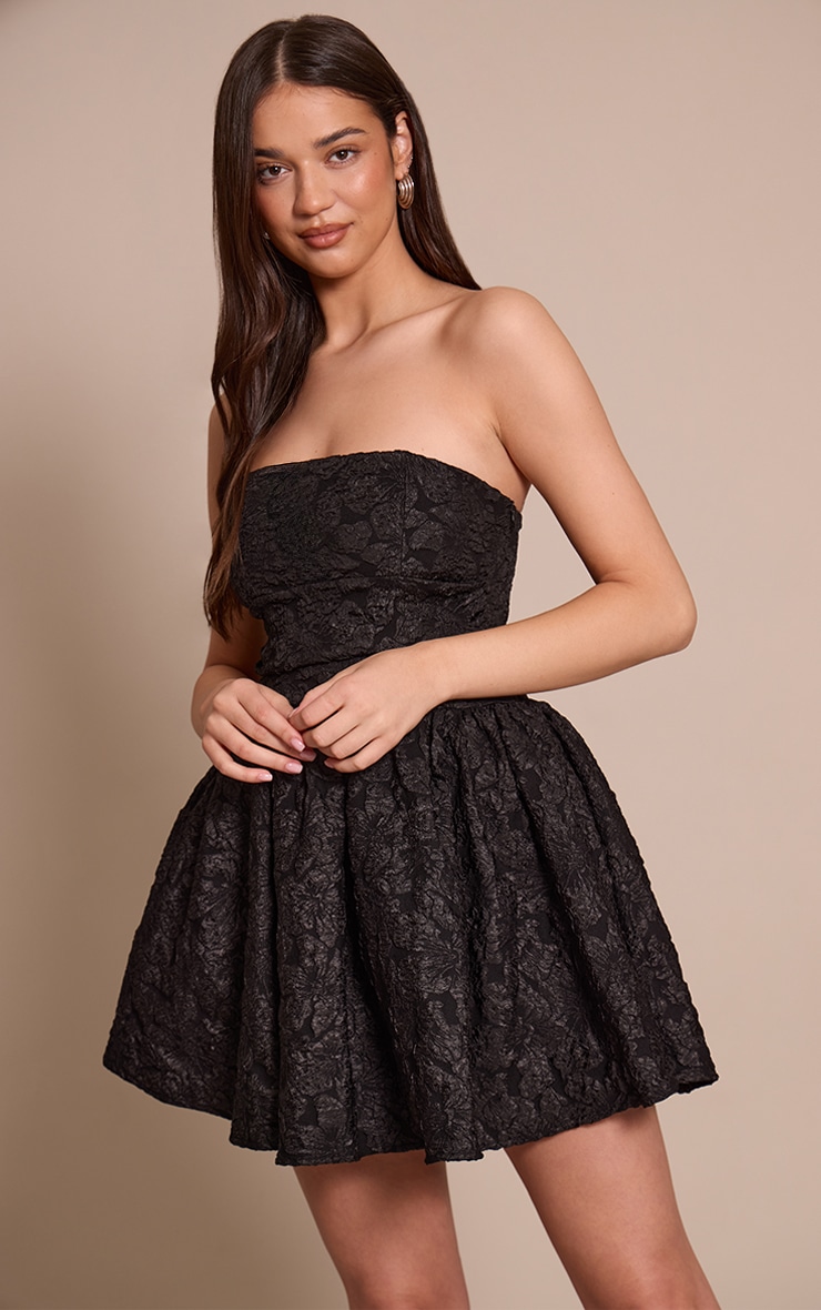 Black Jacquard Bandeau Lace Up Back Shift Dress image 1
