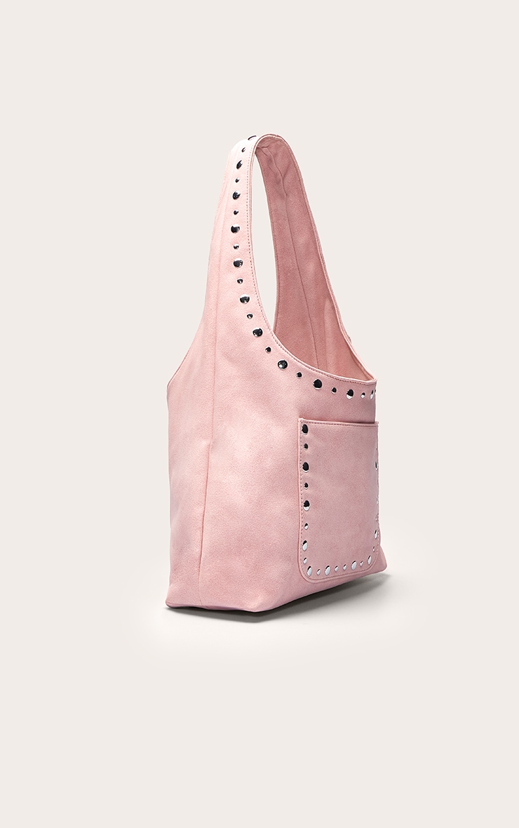 Sac à main en suédine rose poudré à clous image 3