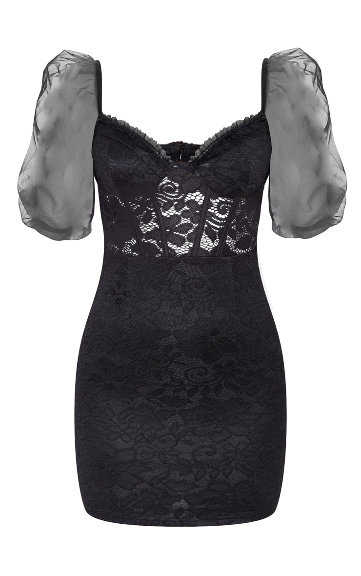 Black Chiffon Puff Sleeve Lace Bodycon Dress image 3
