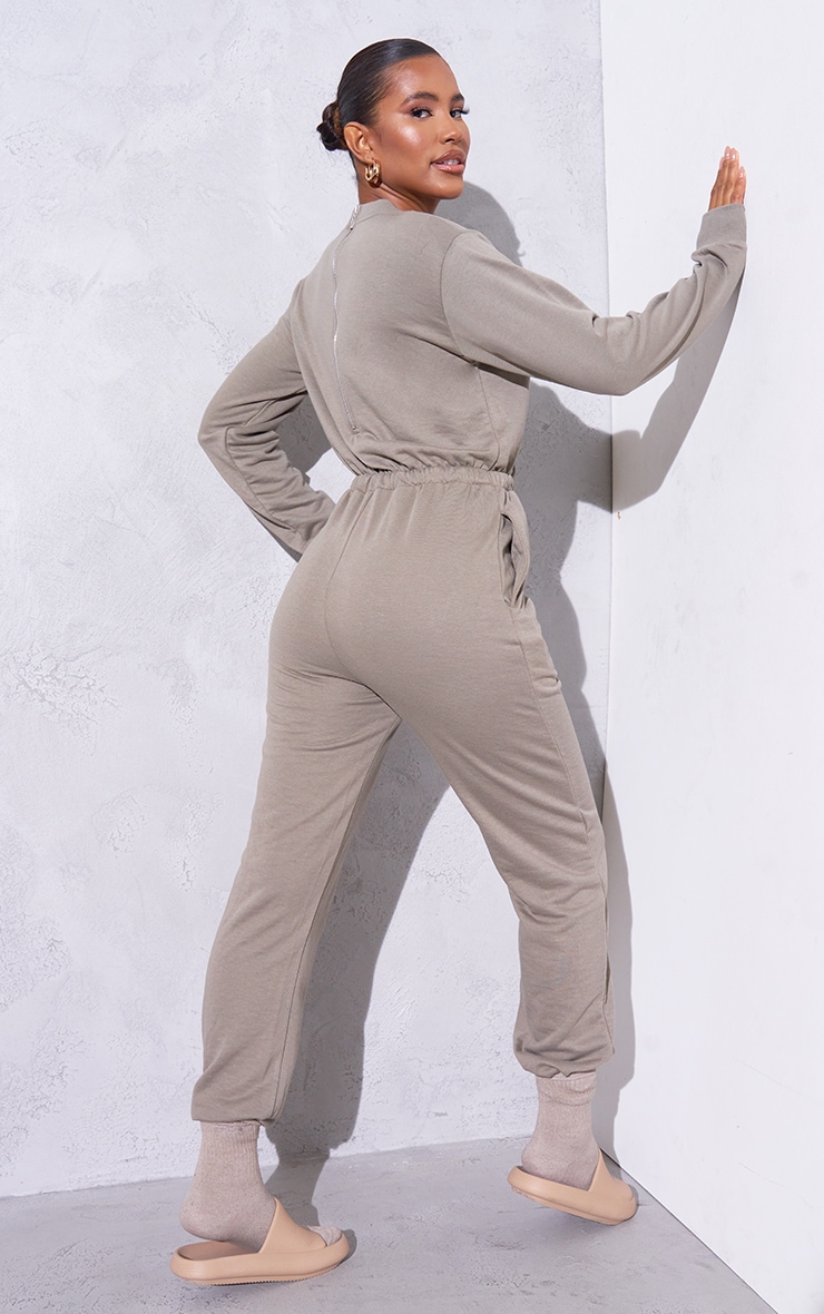Light Khaki Long Sleeve Sweat Jumpsuit image 2