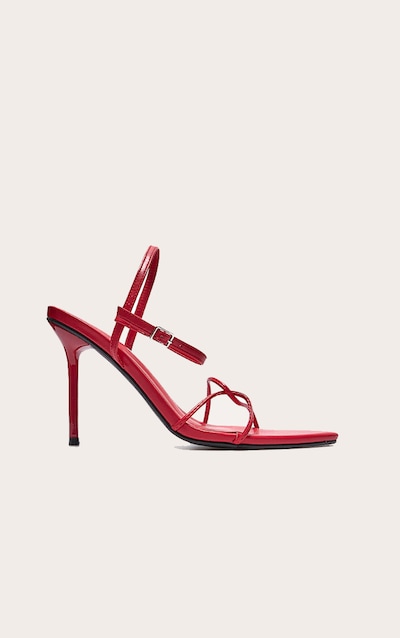 Sandales pointues en PU rouge à talon aiguille haut et brides fines