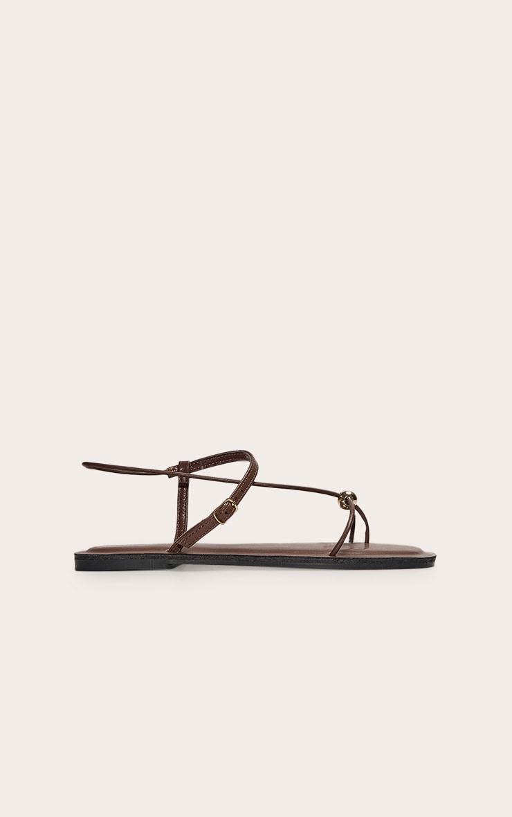 Chocolate Pu Square Toe Thong Chocolate Trim Flat Sandals image 2
