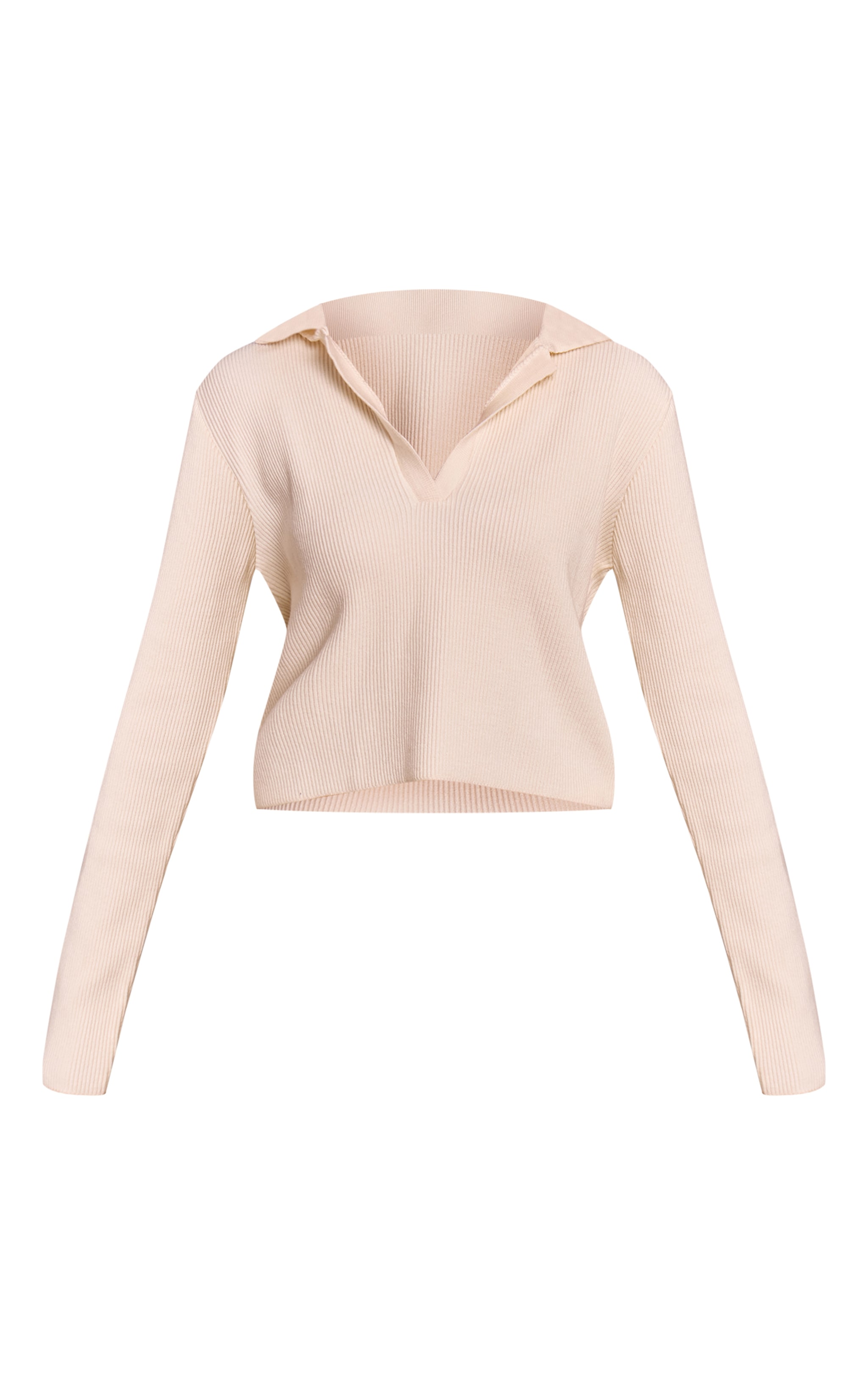 Cream V Neck Ribbed Long Sleeve Knit Sweater image 5