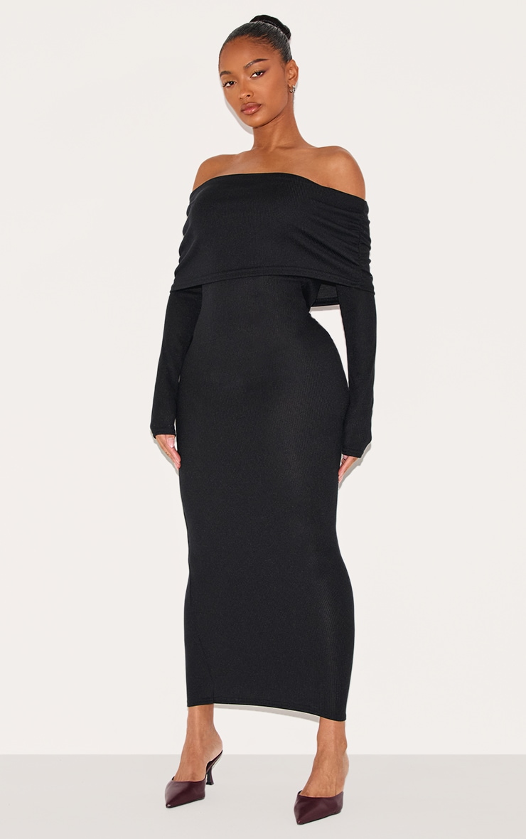 Shape Black Fold Over Bardot Rib Maxi Dress image 3