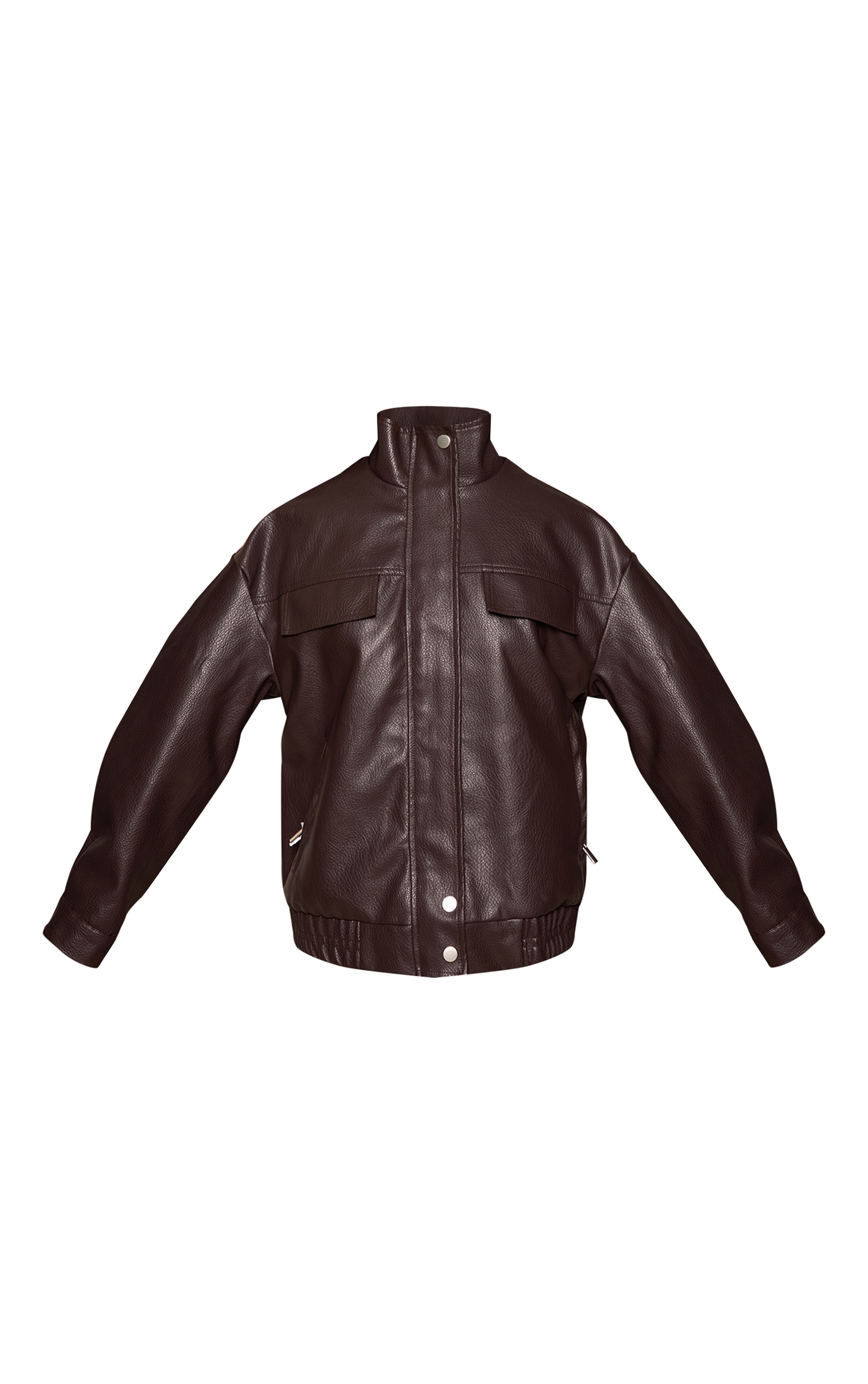 Chocolate Funnel Neck Concealed Placket Faux Leather Jacket image 5