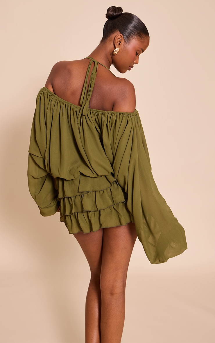 Khaki Chiffon Frill Detail Playsuit image 2