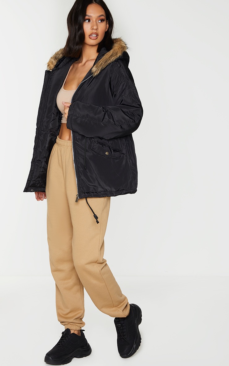 Black Nylon Drawstring Waist Faux Fur Hooded Puffer Jacket