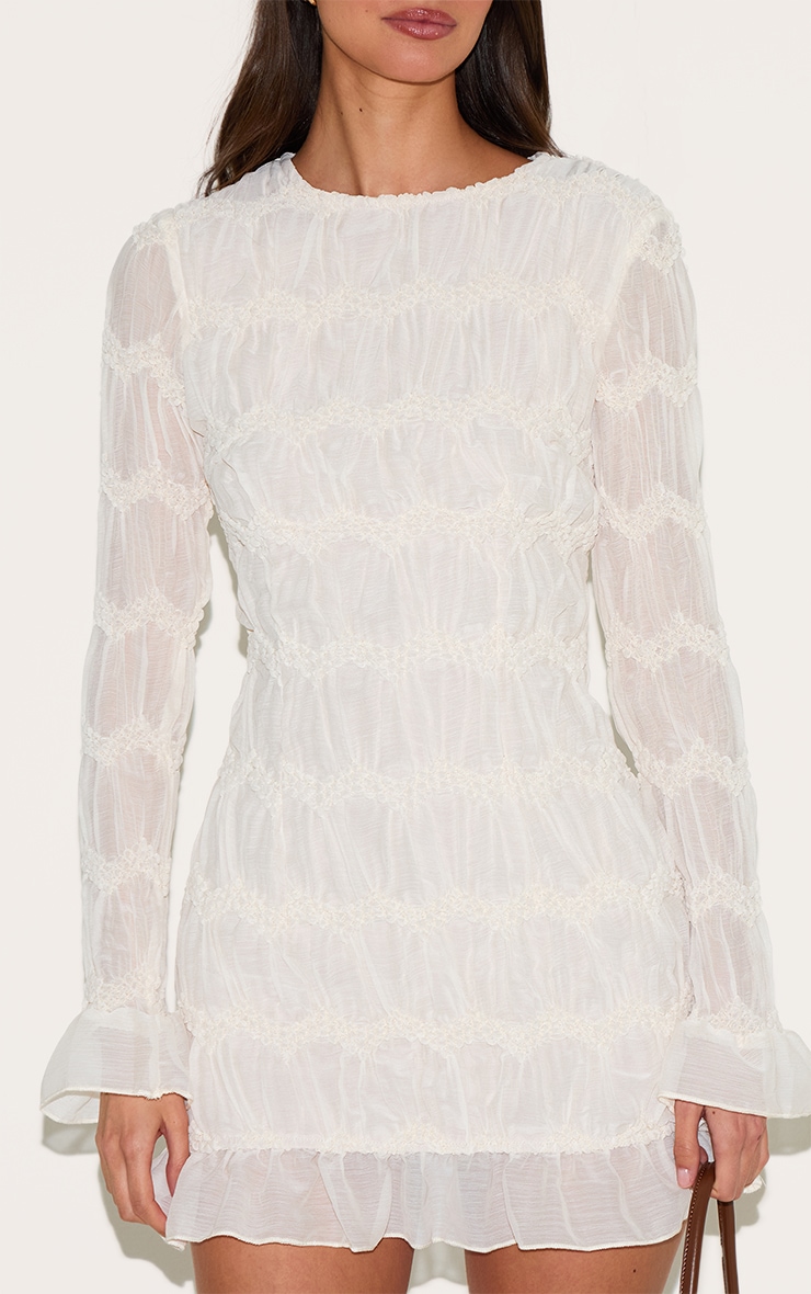 Almond Textured Long Sleeve Boat Neck Mini Dress image 4
