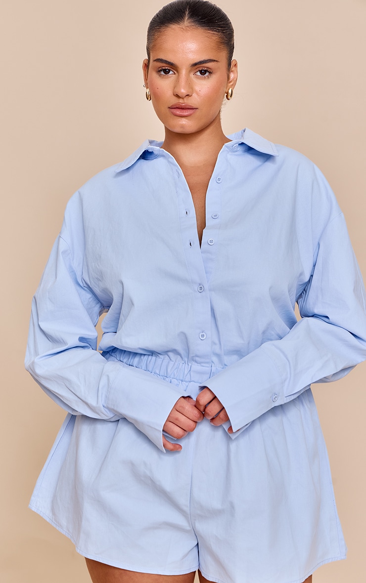 Plus Sky Blue Cotton Ruched Tiered Skort Shirt Romper image 1