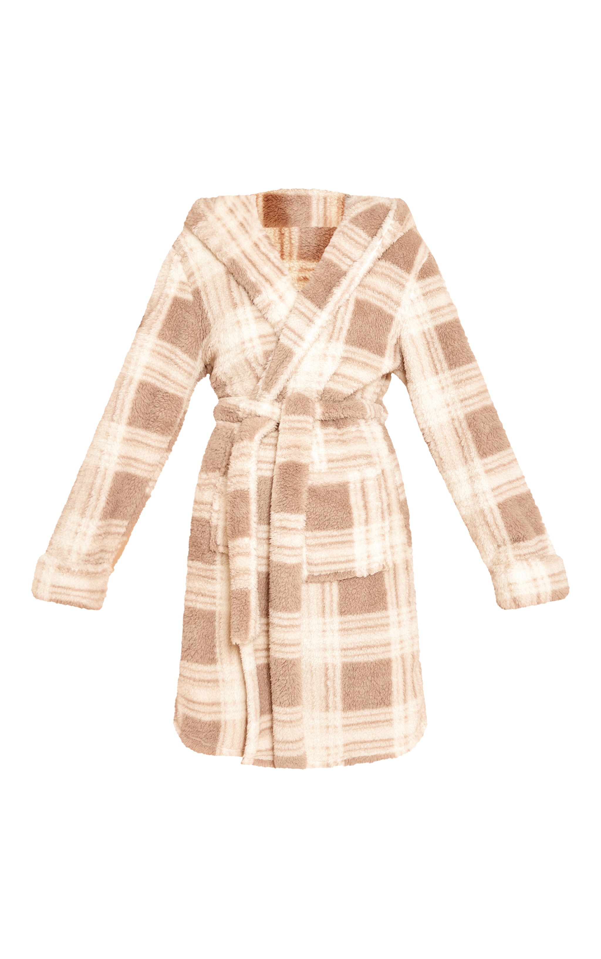 Taupe Check Fleece Hooded Short Bath Robe image 5