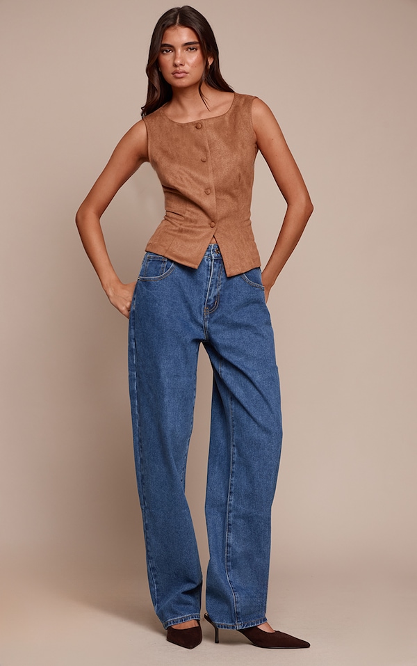 Mid Blue Wash Dipped Back Style Boyfriend Jeans