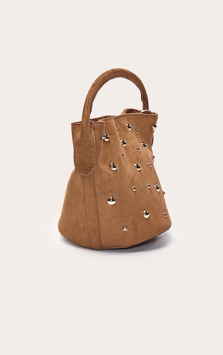 Tan Faux Suede Gold Stud Detail Cross Body Bag image 3