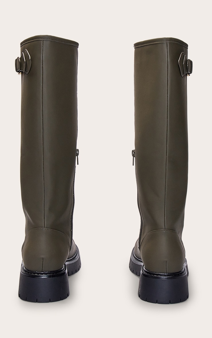 Khaki Wax PU Buckle Detail Knee High Chelsea Boot image 4