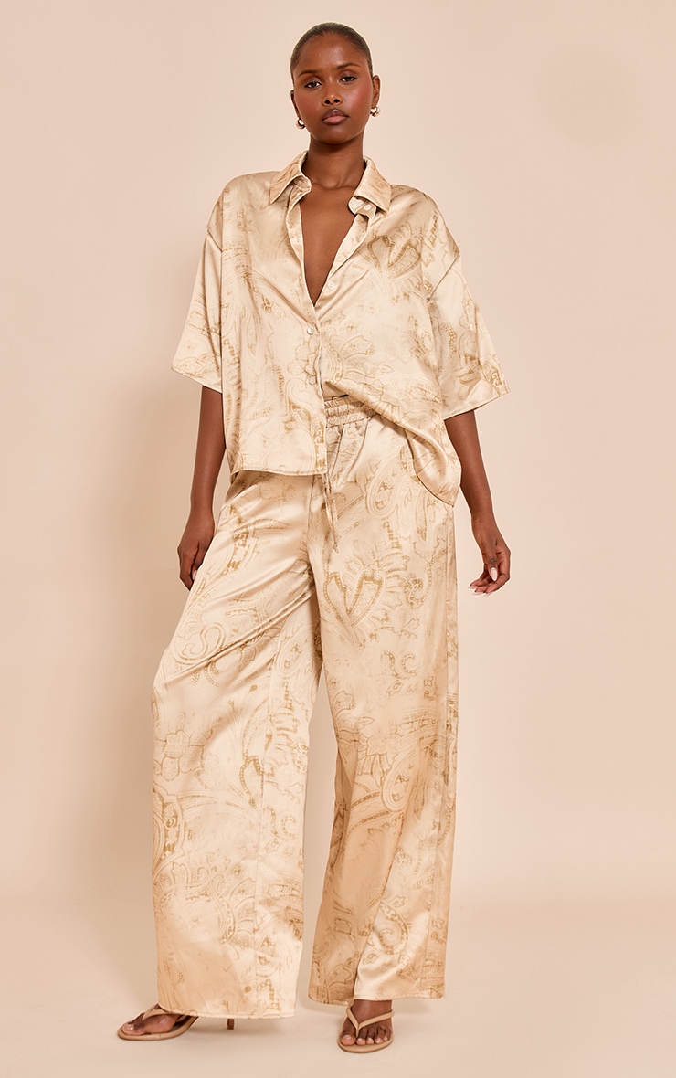 Pale Chartreuse Paisley Printed Satin Straight Leg Pants image 1
