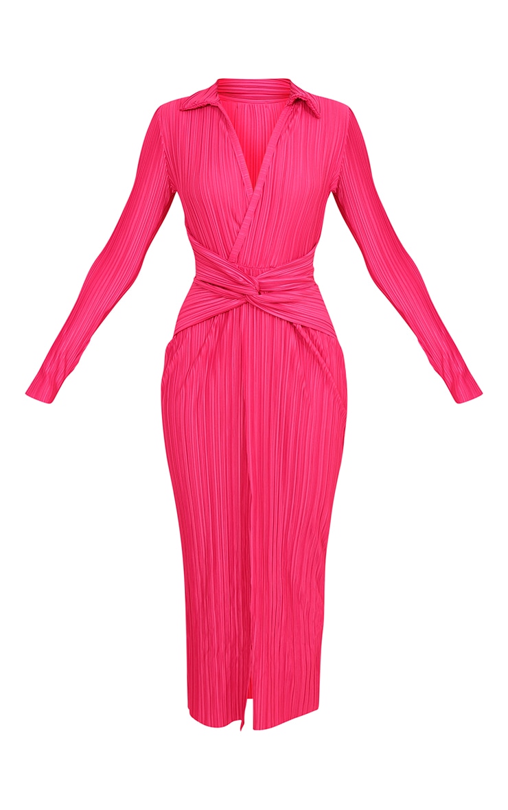 Hot Pink Plisse Collar Detail Twist Midaxi Dress image 5