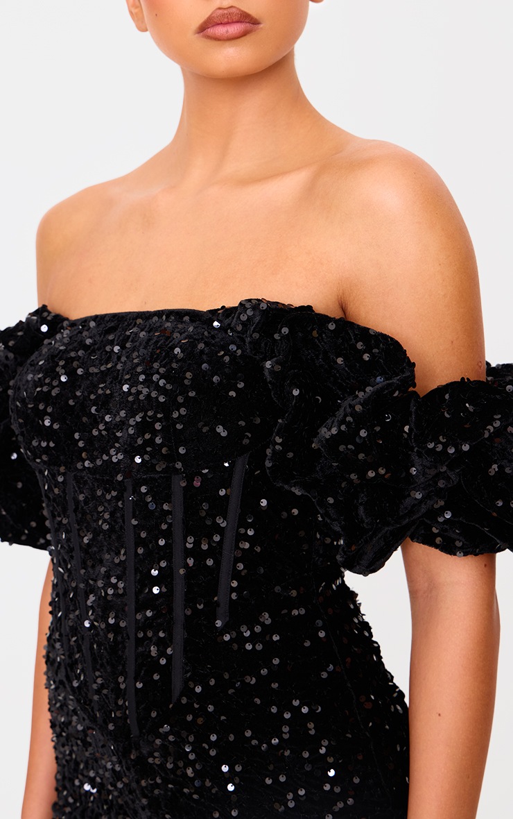 Black Velvet Sequin Puff Sleeve Playsuit image 4