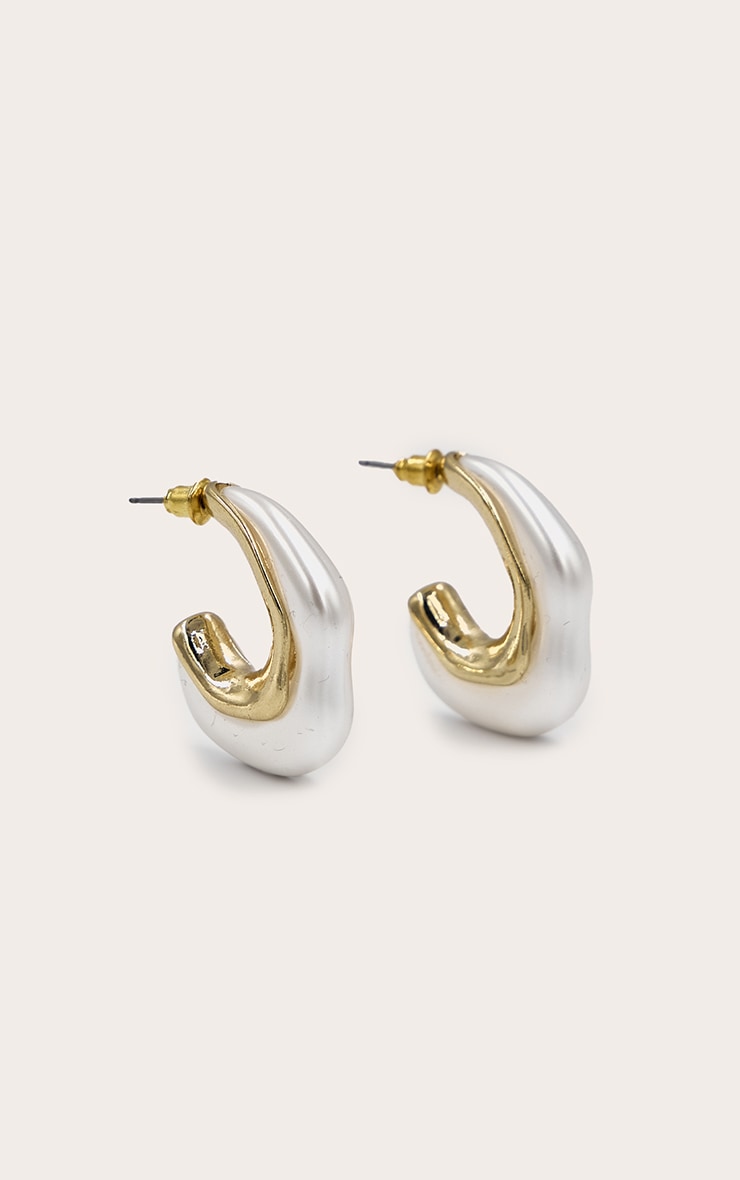Gold Abstract Pearl Hoop Earrings image 3
