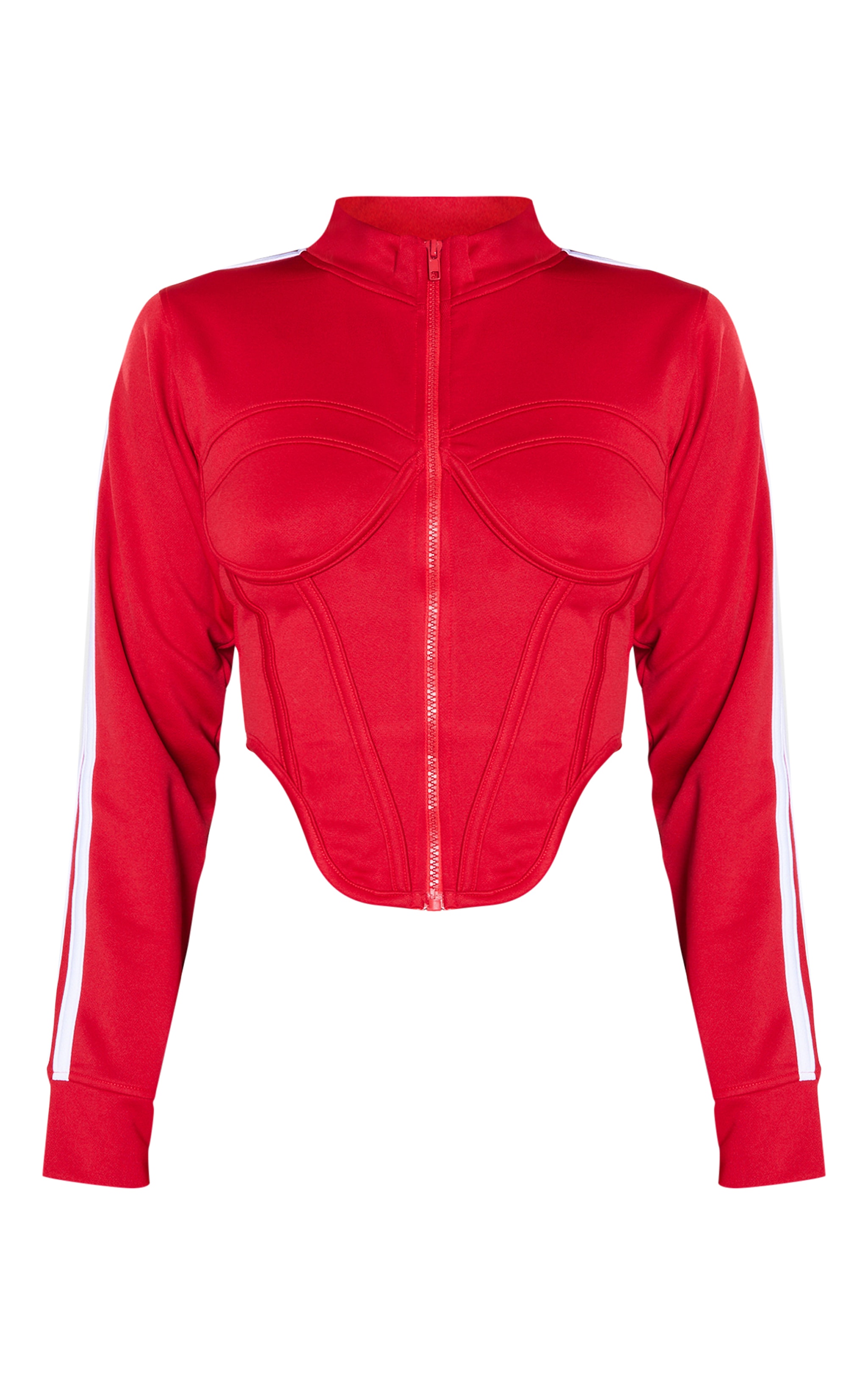  Red Stripe Sleeve Corset Detail Crop Zip Sweatshirt image 5