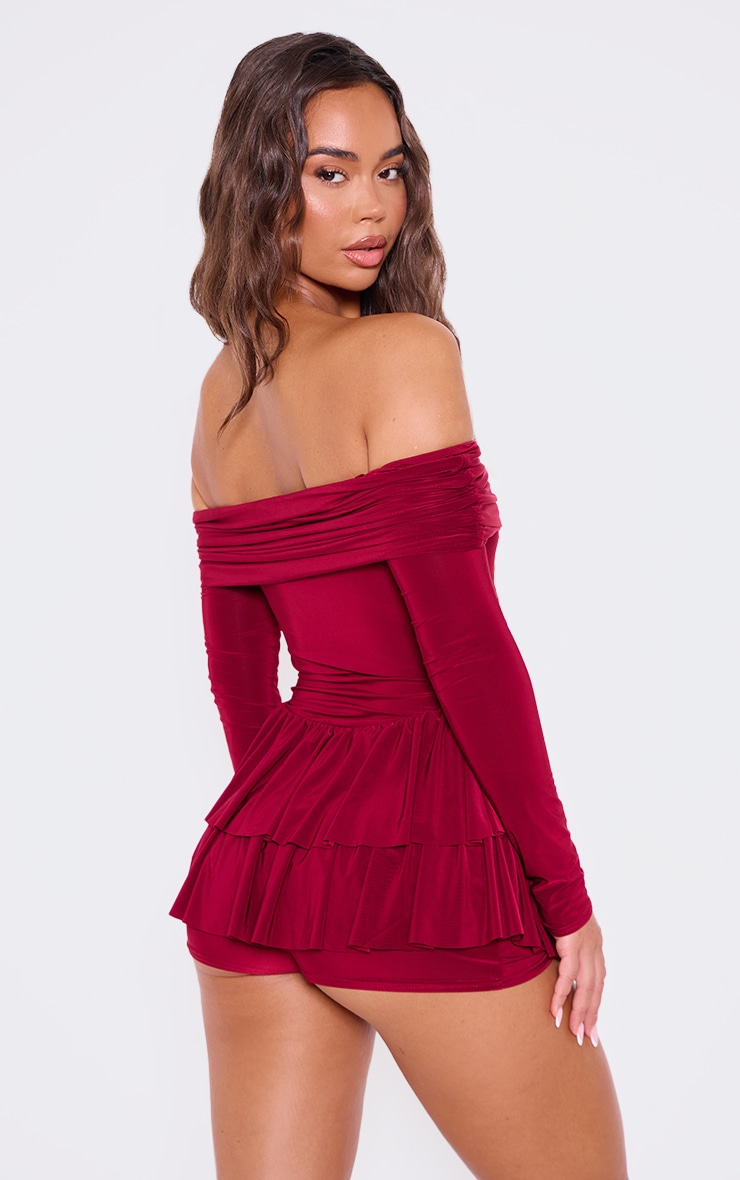 Burgundy Slinky Long Sleeve Bardot Rara Skort Playsuit image 2