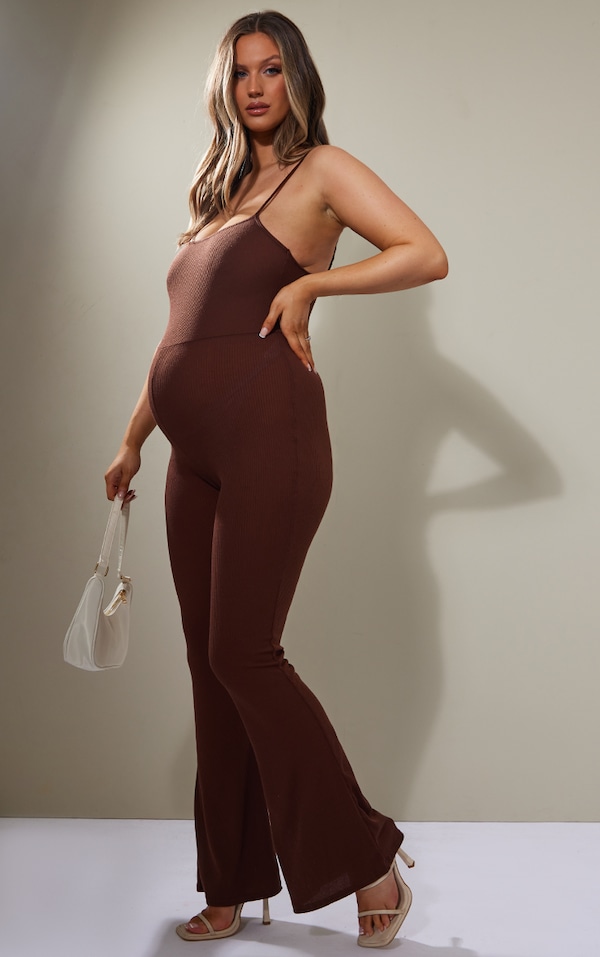 Maternity Chocolate Square Neck Flare Jumpsuit PrettyLittleThing