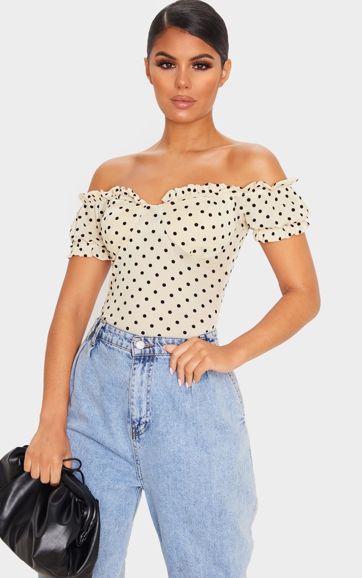 Yellow Sheer Polka Dot Bardot Frill Short Sleeve Bodysuit
