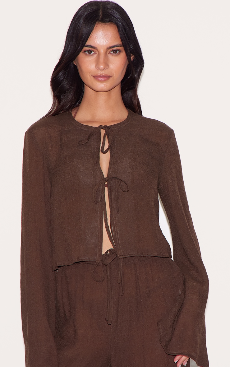 Brown Tie Front Detail Linen Look Beach Top image 4