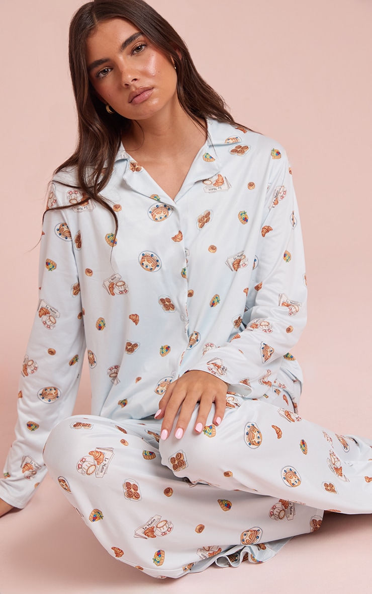 Blue Breakfast Printed Long Sleeve Button Through PJ Set image 1