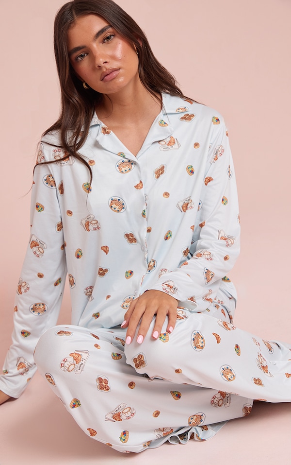 Ensemble de pyjama bleu imprimé petit-déjeuner à manches longues entièrement boutonné