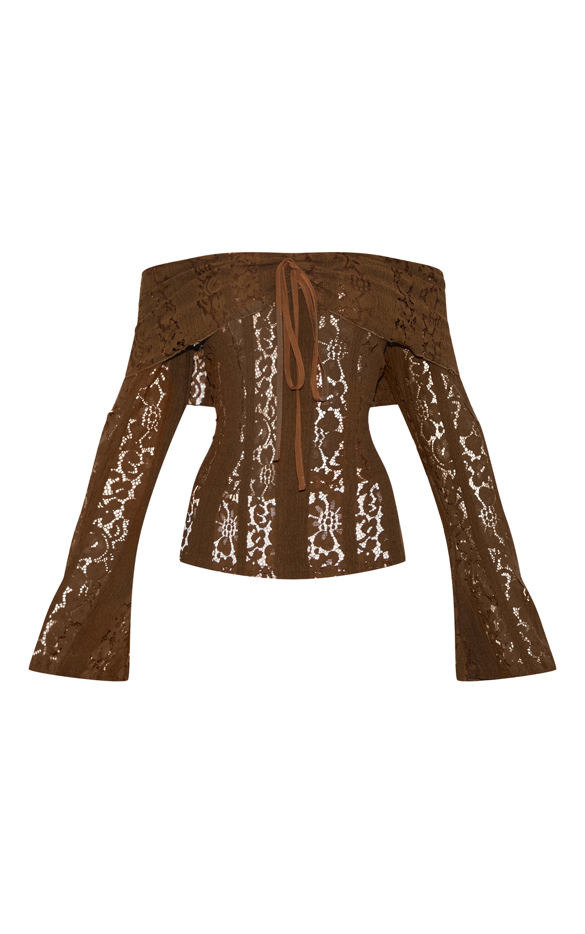 Chocolate Fitted Lace Flared Sleeve Bardot Top image 5