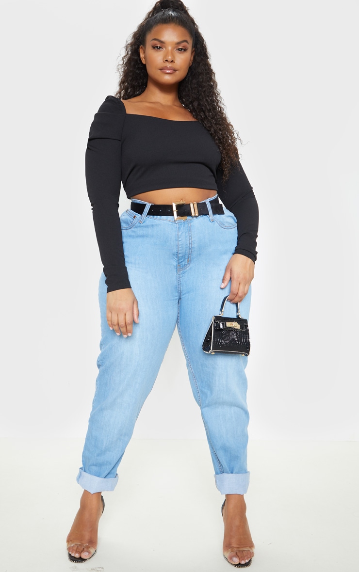 Plus Black Puff Long Sleeve Crop Top image 3