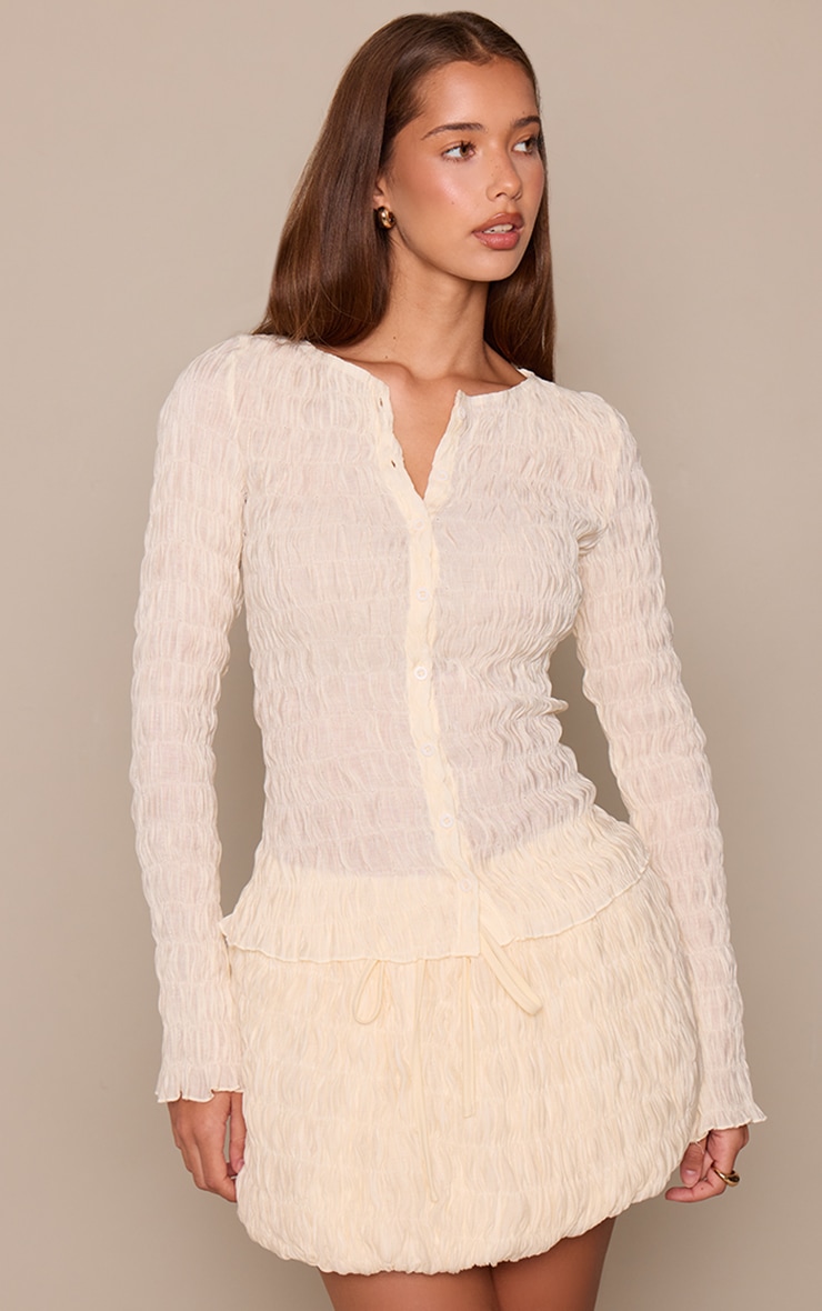 Cream Bubble Shirred Button Up Long Sleeve Top image 1