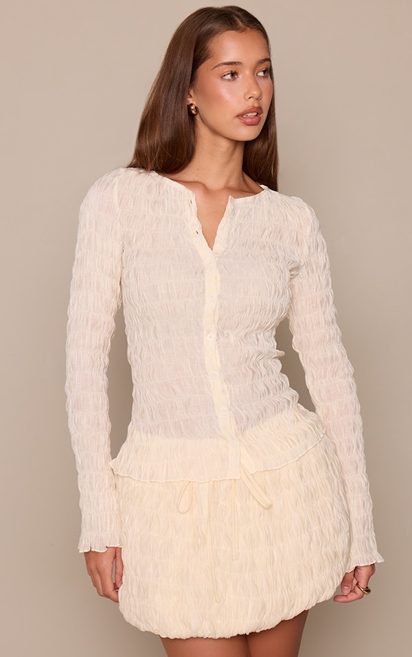 Cream Bubble Shirred Button Up Long Sleeve Top