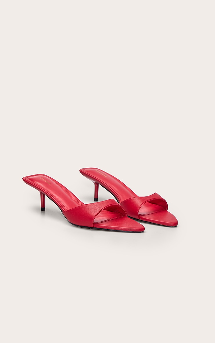 Red Pu Point Toe Thin Strap Low Stiletto Heeled Mules image 3