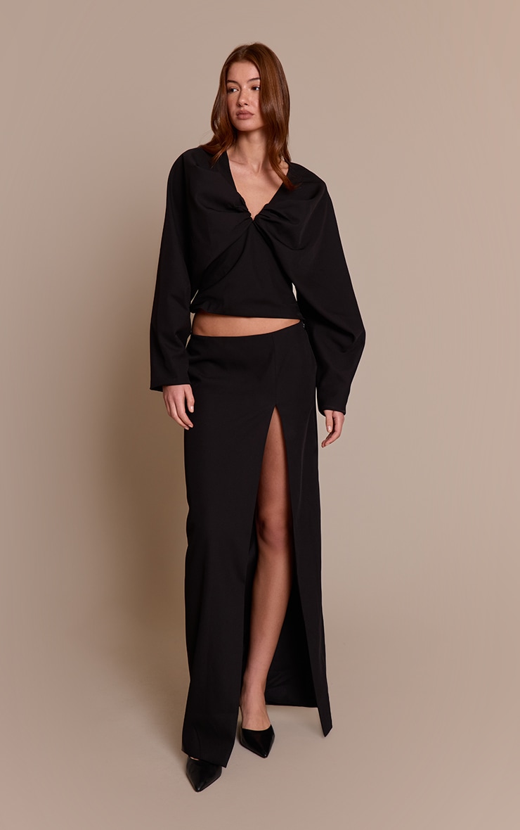 Black Woven Split Leg Maxi Skirt