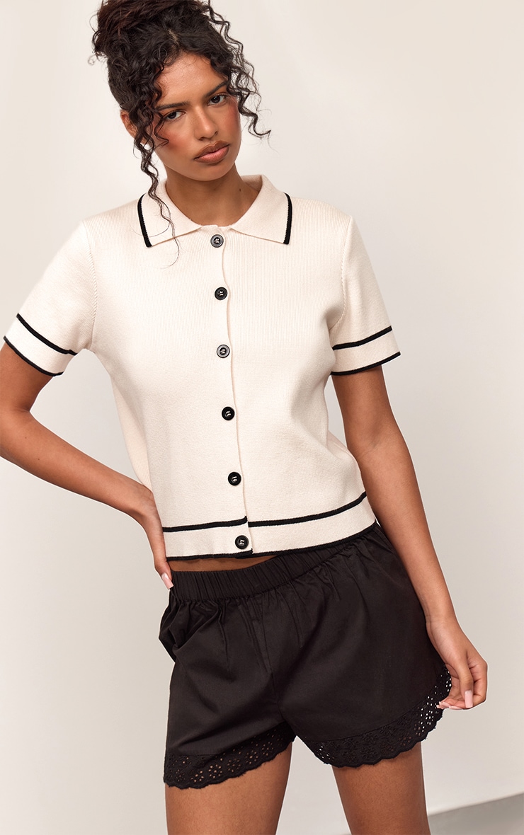 Cream Compact Knit Contrast Piping Boxy Knitted Polo