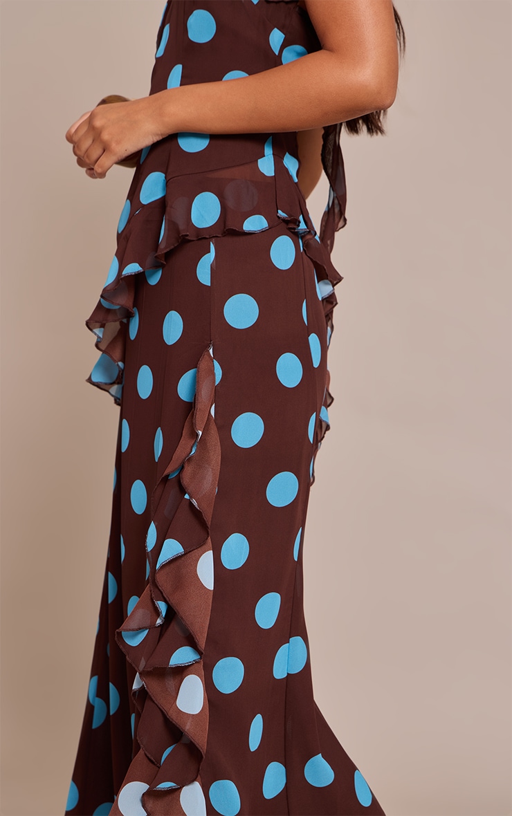 Brown Polka Dot Chiffon Ruched Drop Waist Maxi Skirt image 4