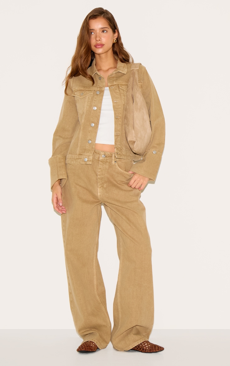 Washed Khaki Turn Up Cuff Cinched Back Denim Jacket image 3
