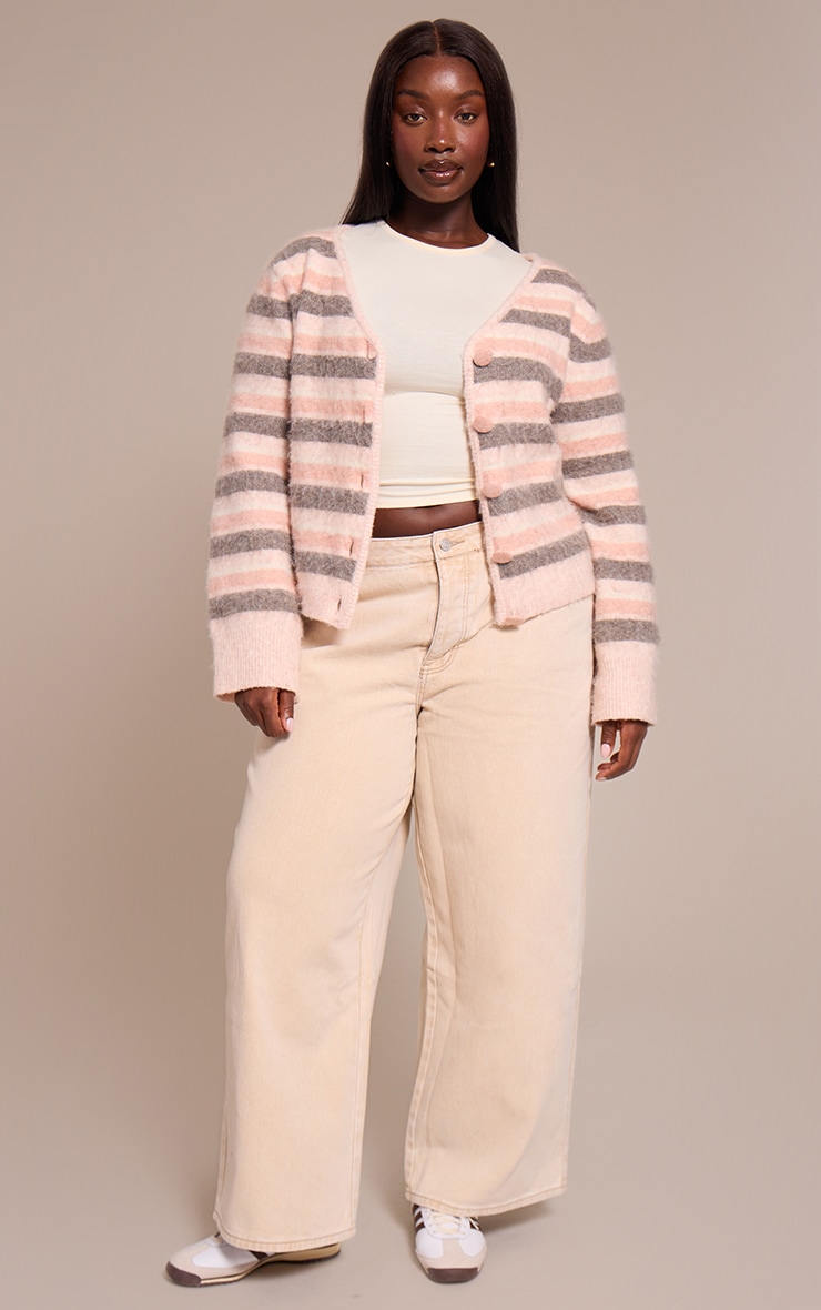 Plus Pink Striped Brushed V Neck Covered Button Knitted Cardigan image 3