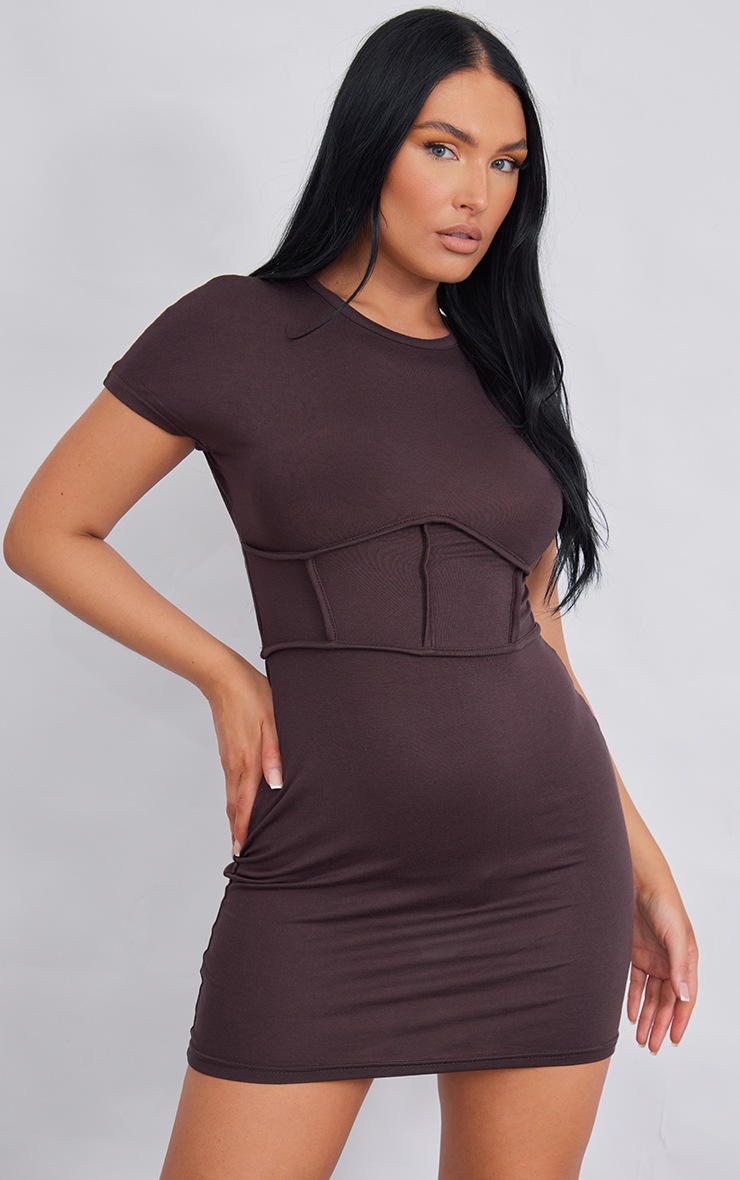 Chocolate Corset Binding Detail Short Sleeve Bodycon Dress image 3