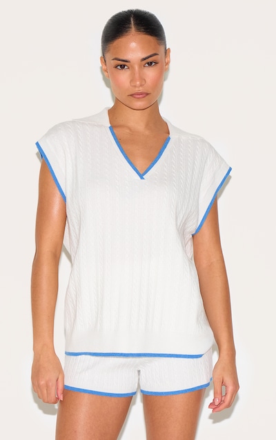 Petite Cream Knitted Collared V Neck Top