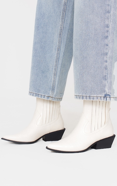 White Croc PU Point Toe Low Block Heel Western Ankle Boots