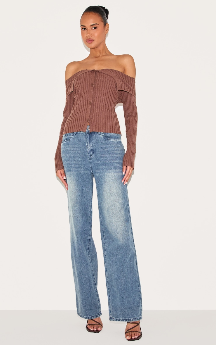 Ash Brown Rib Knit Fold Over Button Up Top image 3