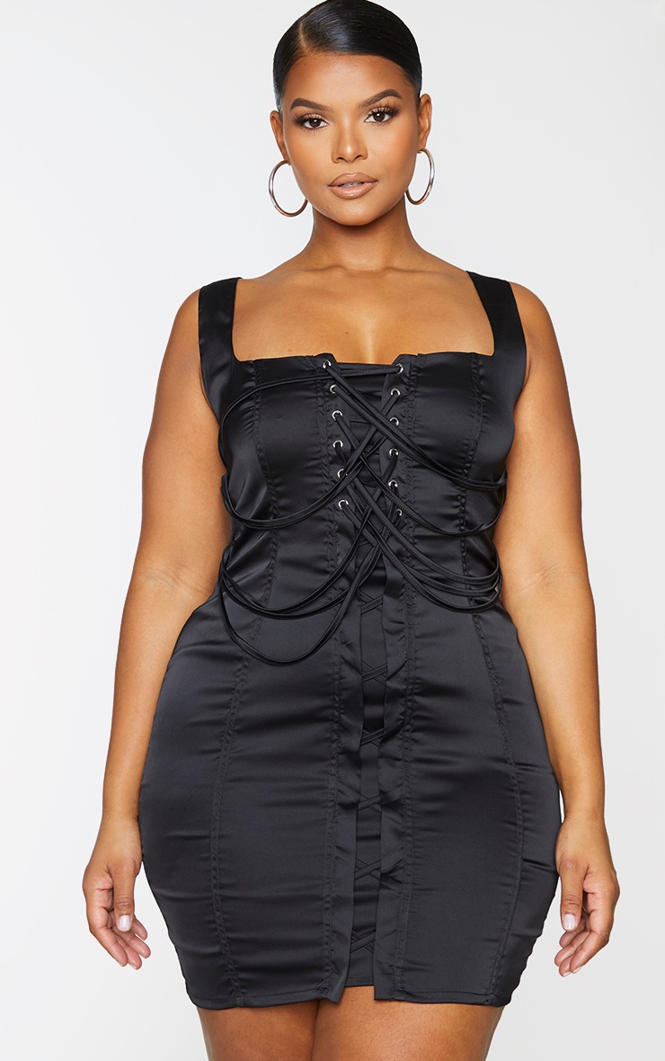 Plus Black Satin Lace Up Bodycon Dress