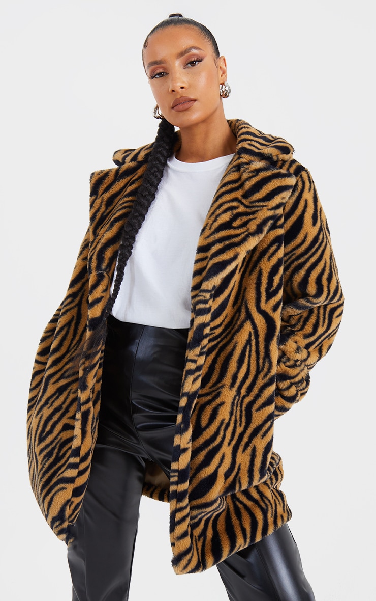 Brown Faux Fur Tiger Print Coat PrettyLittleThing CA